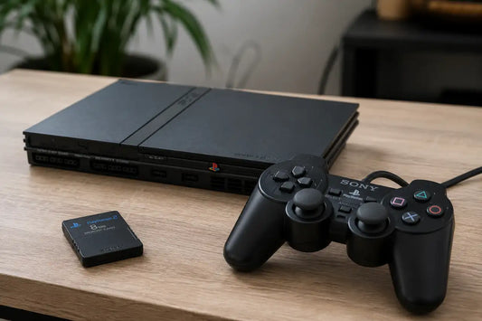 A PS2 Slim, controller, and memory card.