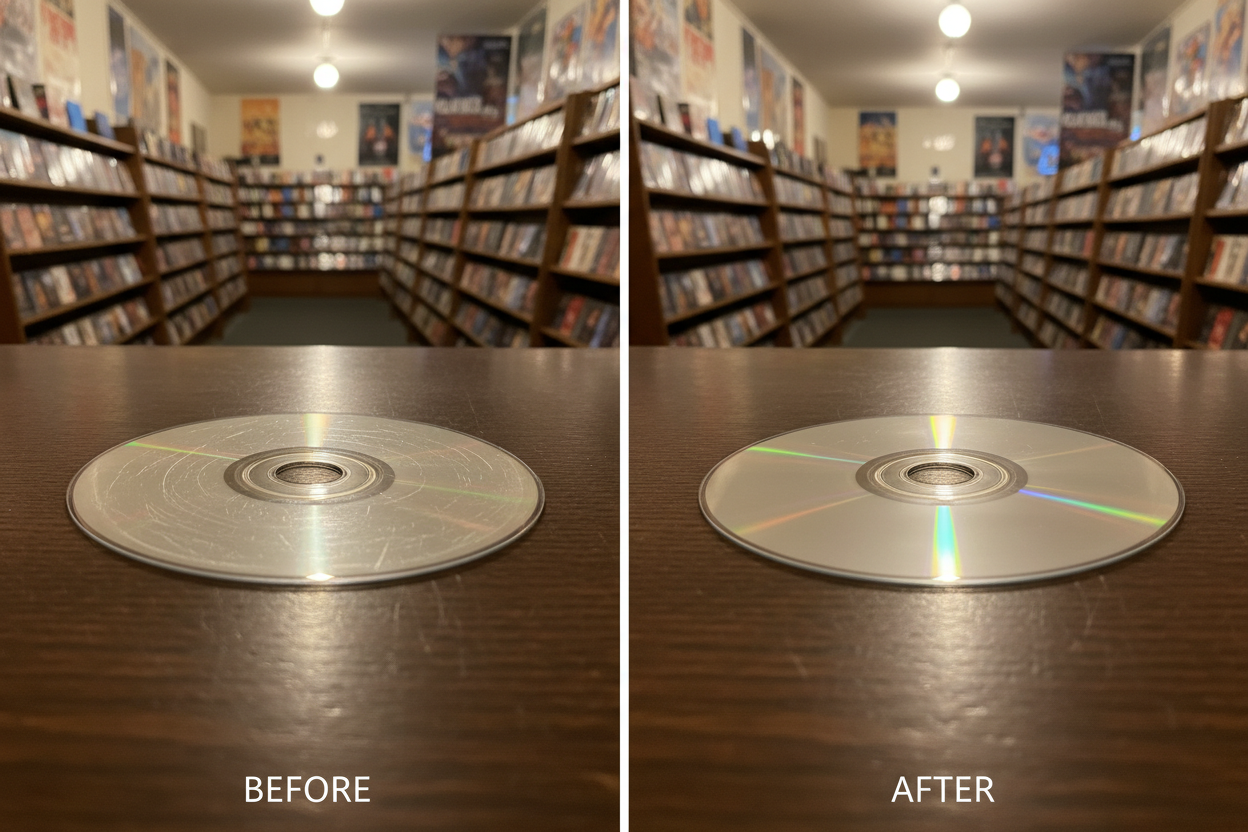 a lightly sratched disc on the left and a clean resurfaced disc on the right - video store backgound