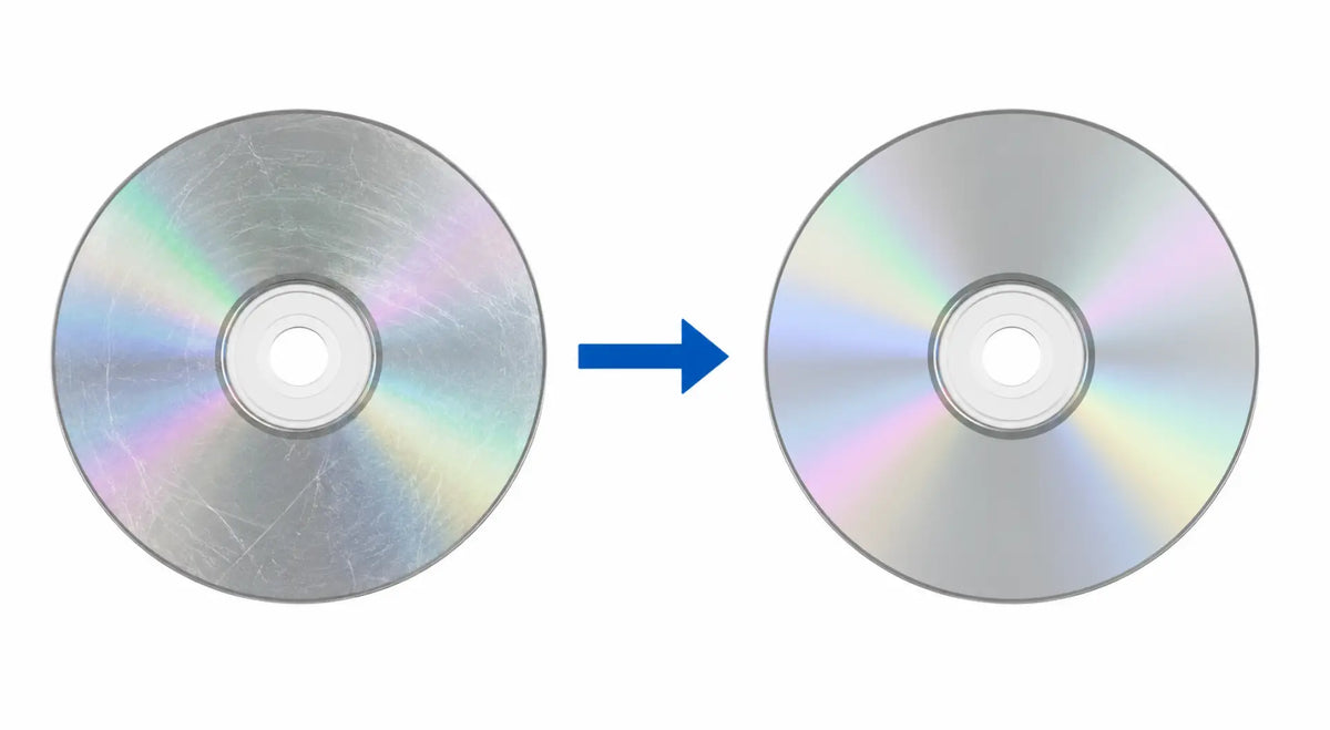 A scratched disc next to a clean, resurfaced disc.