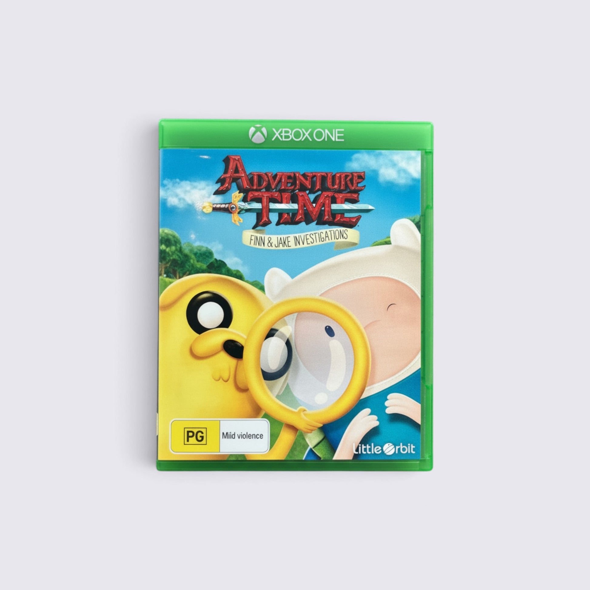 MrPixel Adventure Time: Finn and Jake Investigations Xbox One game case featuring Finn and Jake with a magnifying glass