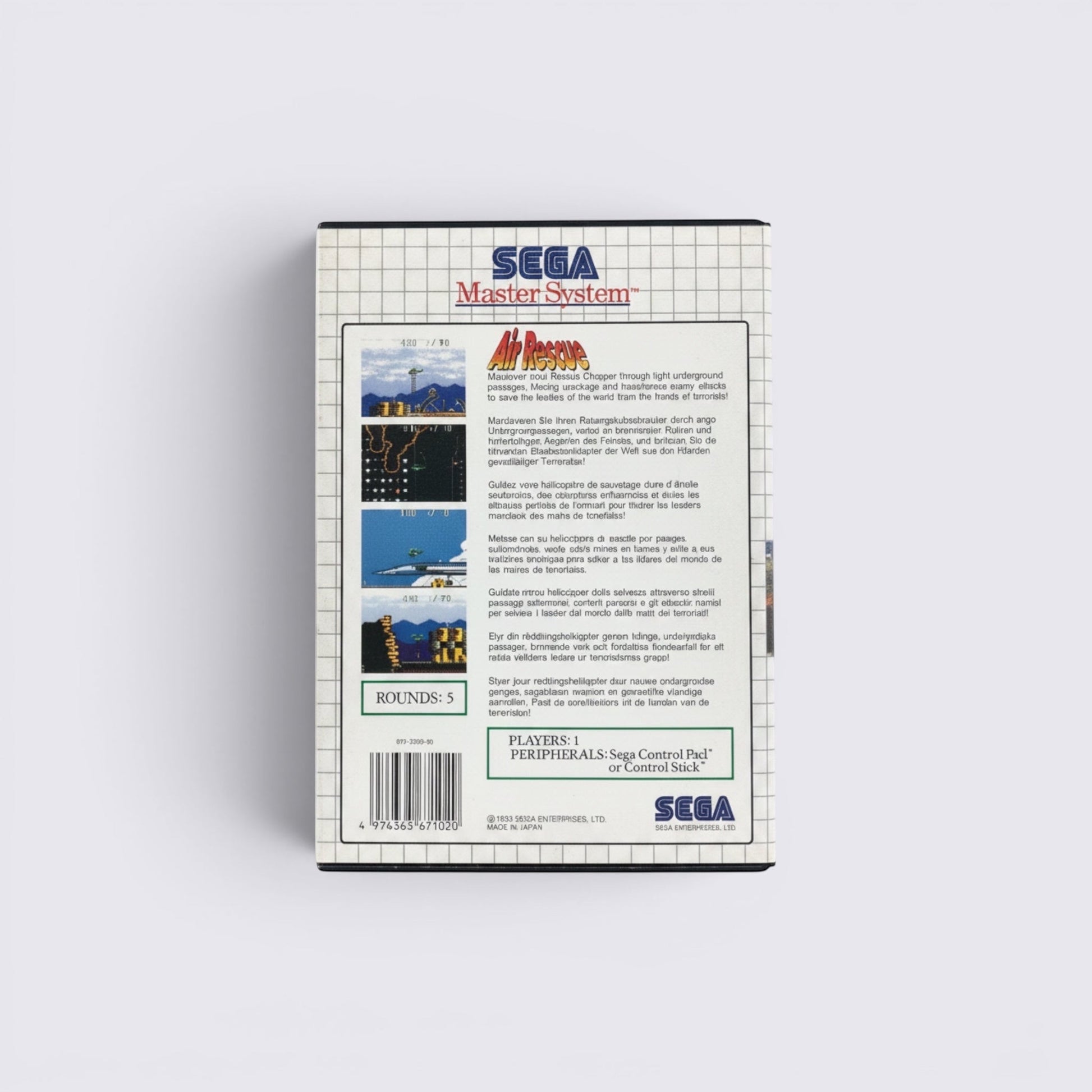 Back cover of MrPixel Air Rescue Sega Master System game box featuring gameplay screenshots and mission details.