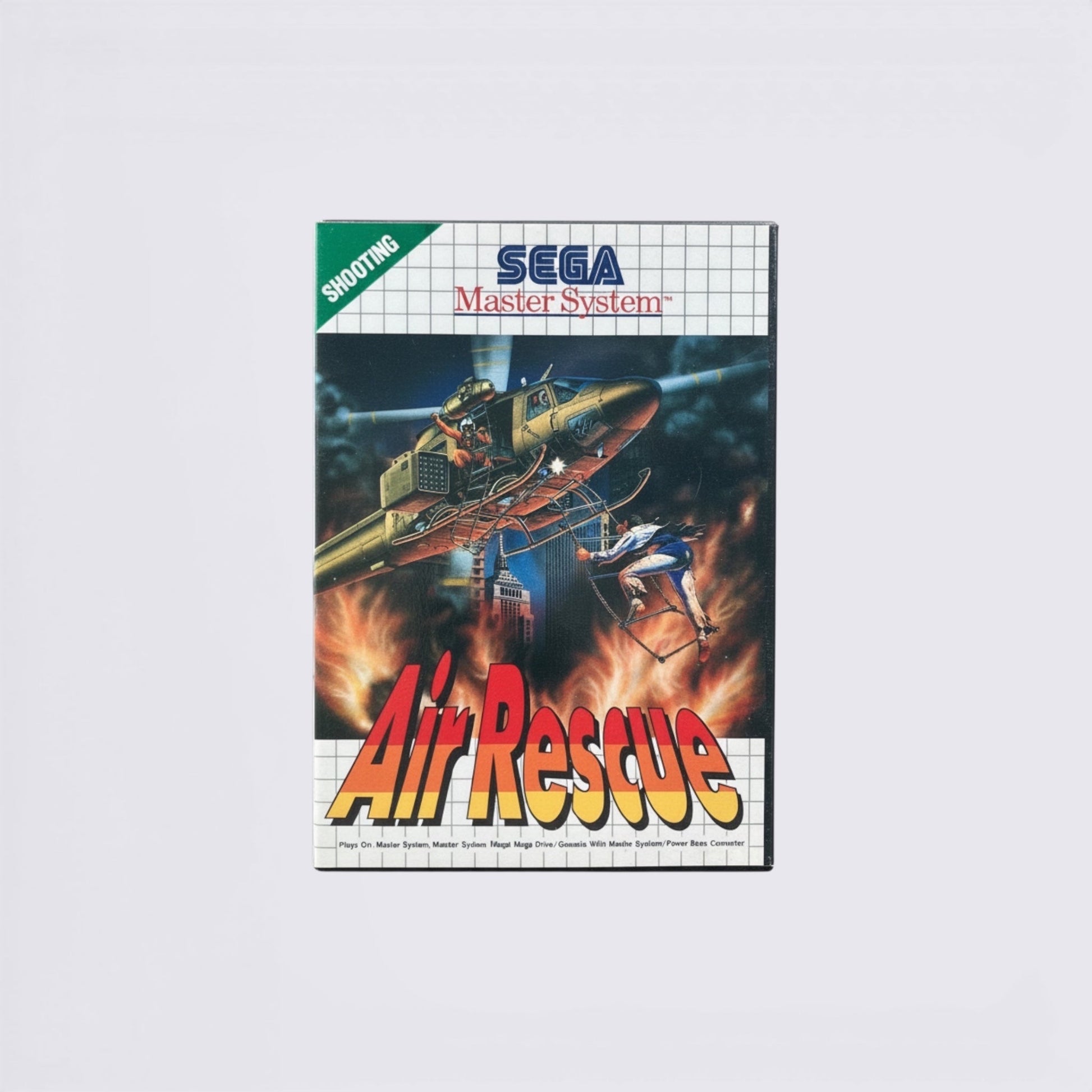 MrPixel Air Rescue Sega Master System game box art featuring a helicopter rescue scene over a burning cityscape.