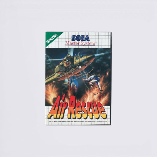MrPixel Air Rescue Sega Master System game box art featuring a helicopter rescue scene over a burning cityscape.