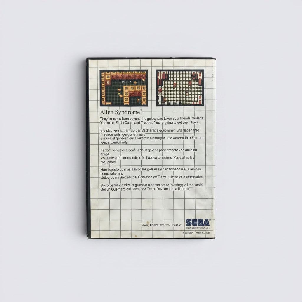 MrPixel Alien Syndrome Sega game cartridge back cover with gameplay screenshots and multi-language game description.