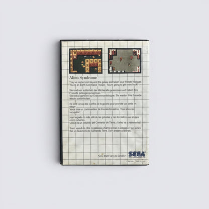 MrPixel Alien Syndrome Sega game cartridge back cover with gameplay screenshots and multi-language game description.