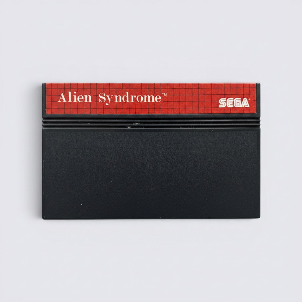MrPixel Alien Syndrome Sega Master System game cartridge with red grid label and black plastic casing
