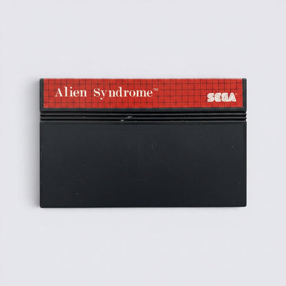 MrPixel Alien Syndrome Sega Master System game cartridge with red grid label and black plastic casing