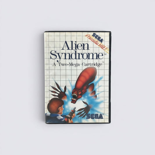 MrPixel Alien Syndrome Sega Master System game cartridge box art featuring a space soldier and alien creature.
