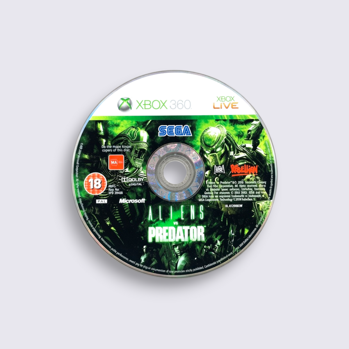 MrPixel Aliens vs. Predator Xbox 360 game disc featuring green Alien and Predator character art on a grey background