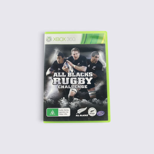 MrPixel All Blacks Rugby Challenge Xbox 360 game case featuring players in black kits on a white background
