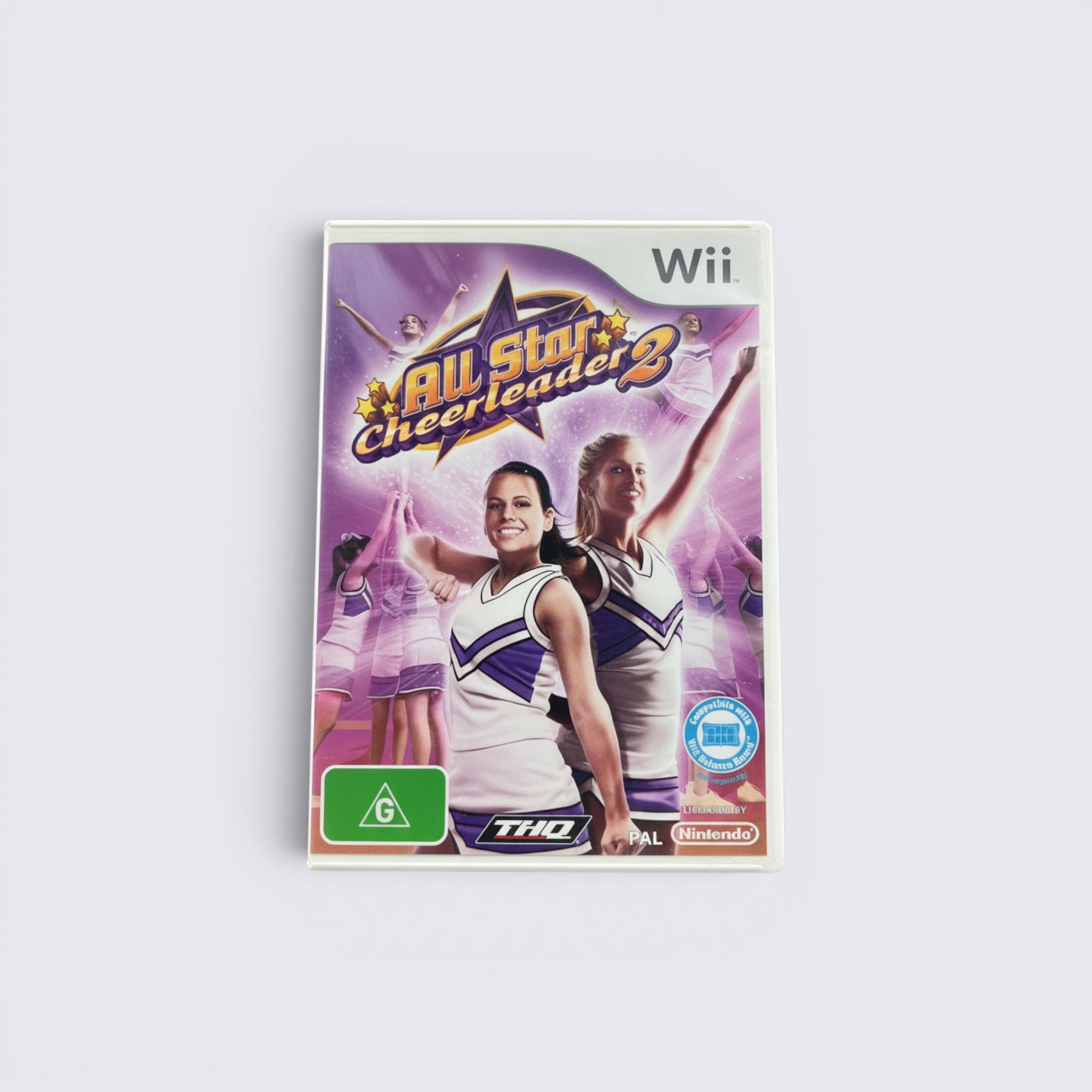 MrPixel All Star Cheerleader 2 Wii game case featuring two cheerleaders in purple and white uniforms