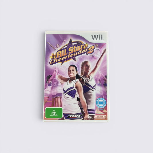 MrPixel All Star Cheerleader 2 Wii game case featuring two cheerleaders in purple and white uniforms