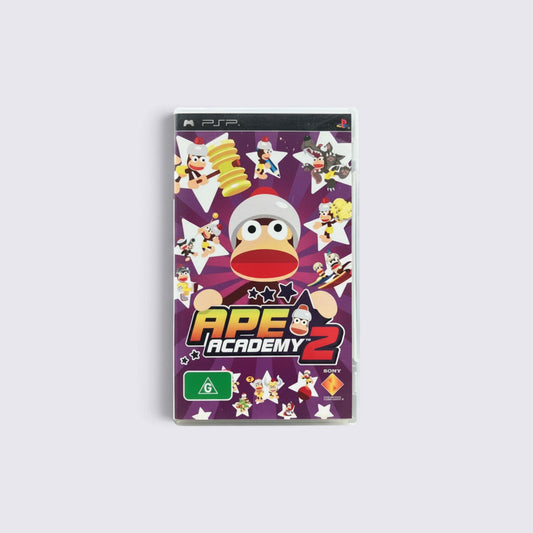 MrPixel Ape Academy 2 PSP game case featuring colorful monkey characters on a purple star-patterned background