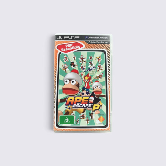 MrPixel Ape Escape: P Essentials PSP game case featuring colourful monkey characters and platforming game art.