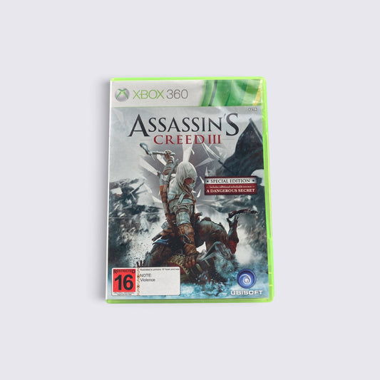 MrPixel Assassin's Creed 3 Special Edition game case for Xbox 360 featuring Connor in a snowy battle scene.