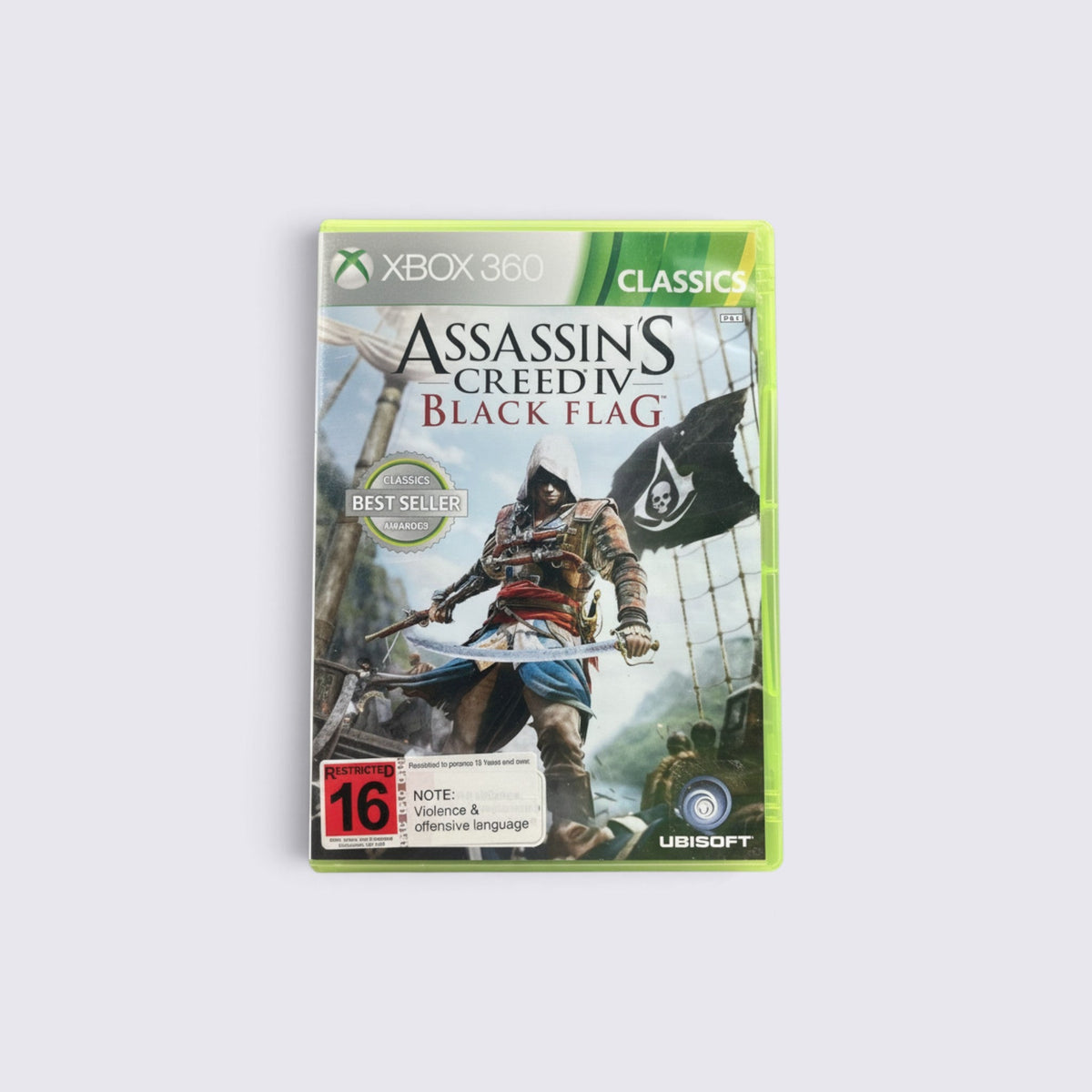 MrPixel Assassin's Creed IV Black Flag Xbox 360 Classics game case featuring pirate Edward Kenway, a ship and Ubisoft branding