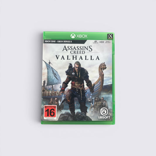 MrPixel Assassin's Creed Valhalla video game case for Xbox featuring Eivor the Viking raider in front of a longship.