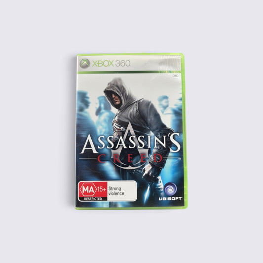 MrPixel Assassin's Creed Xbox 360 game case featuring Altair in a hooded cloak against a blue historical backdrop.