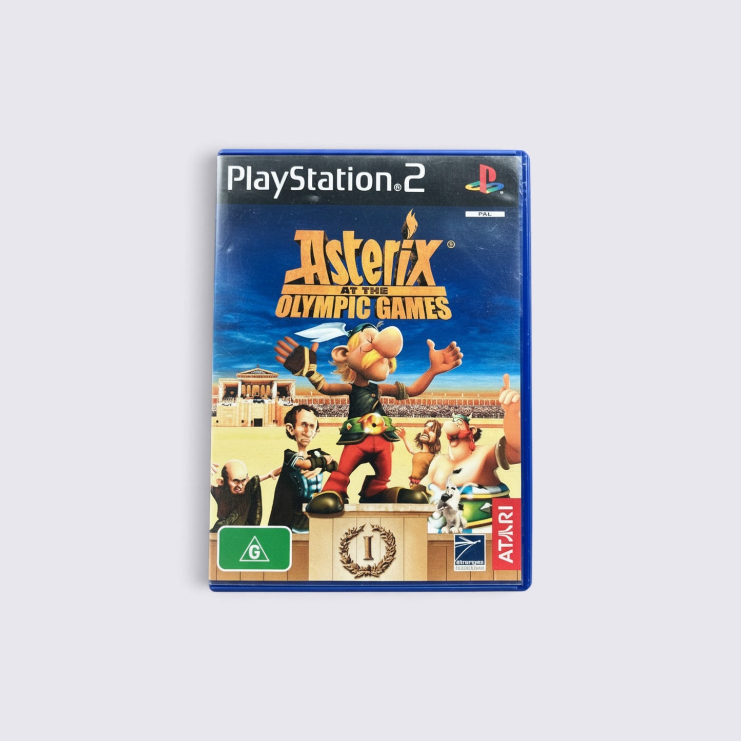 MrPixel Asterix at the Olympic Games PlayStation 2 game case featuring Asterix and Obelix in a stadium setting.