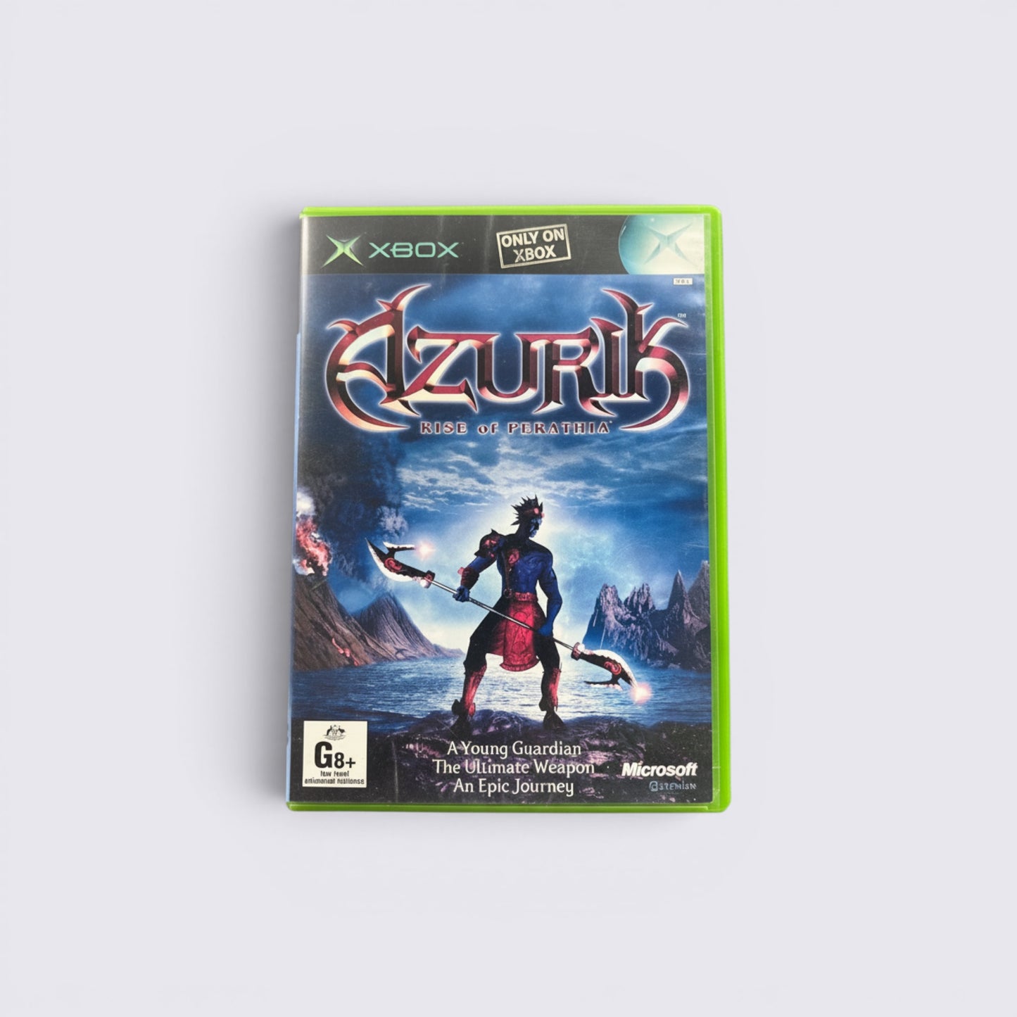 MrPixel Azurik: Rise of Perathia Xbox video game case featuring the warrior Azurik holding a glowing elemental staff.
