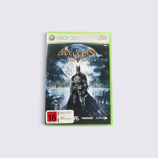 MrPixel Batman: Arkham Asylum Xbox 360 game case featuring Batman standing before the asylum under a full moon.