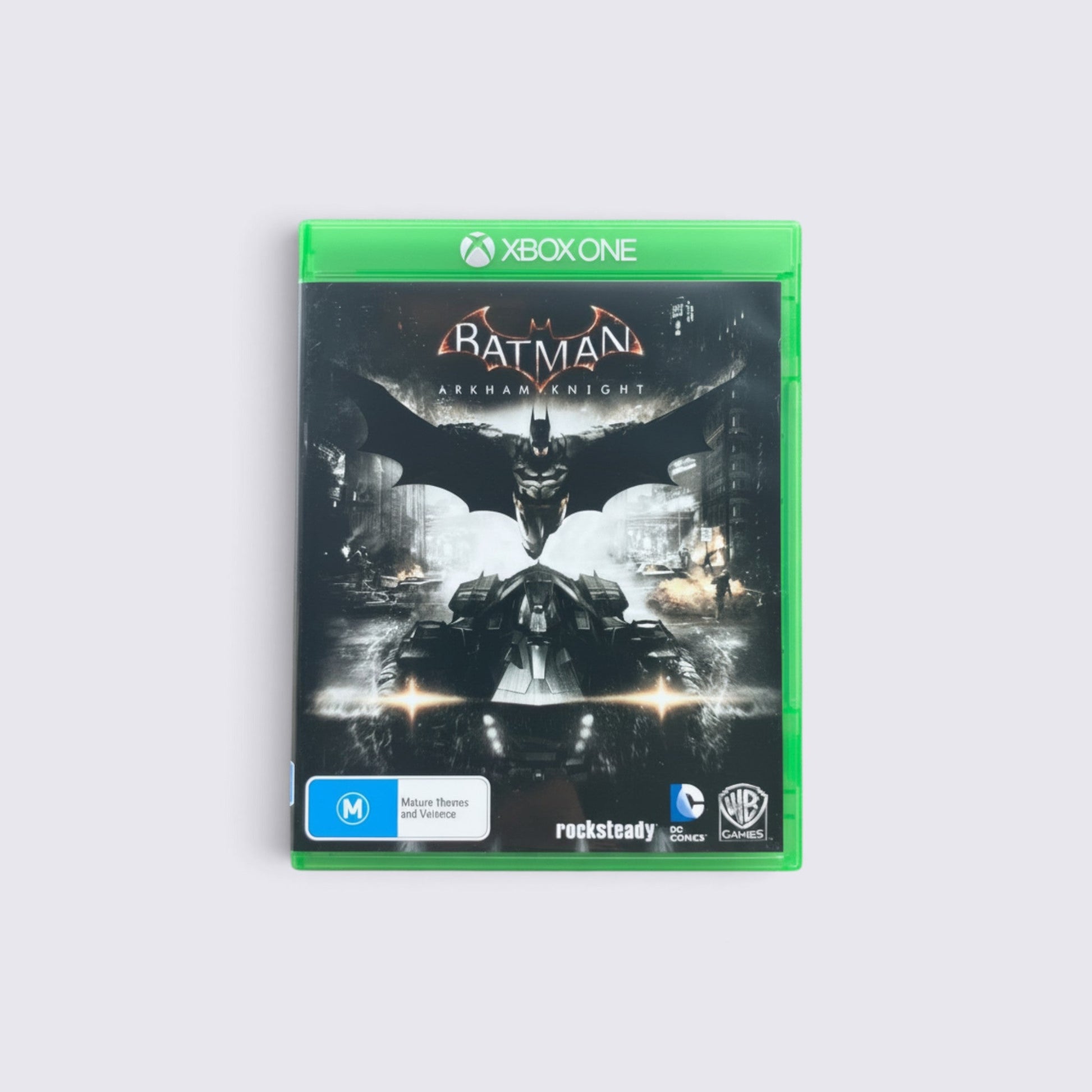 MrPixel Batman Arkham Knight Xbox One game case featuring Batman and the Batmobile in a dark Gotham City setting