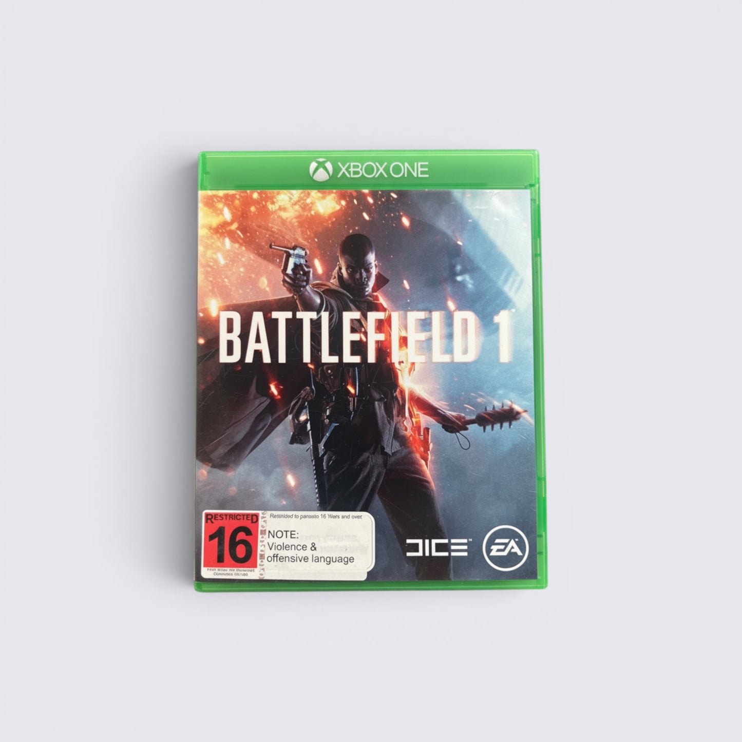 MrPixel Battlefield 1 Xbox One game case featuring a soldier in a WWI combat scene with fire and debris.