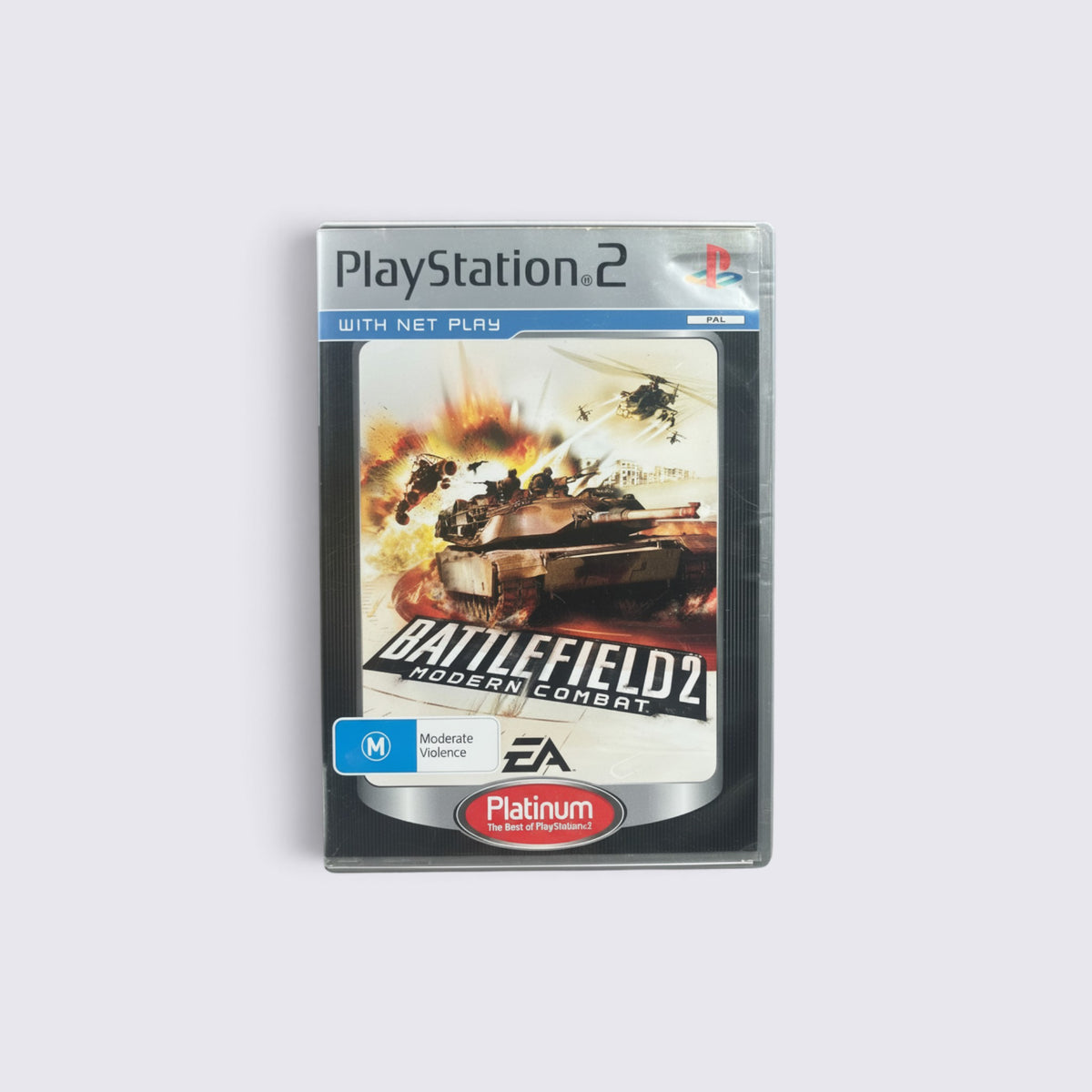 MrPixel Battlefield 2: Modern Combat Platinum edition game case for PlayStation 2 featuring tank and helicopter art.