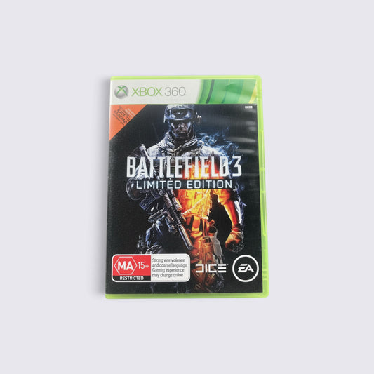 MrPixel Battlefield 3 Limited Edition game case for Xbox 360 featuring soldier artwork and MA 15+ rating label
