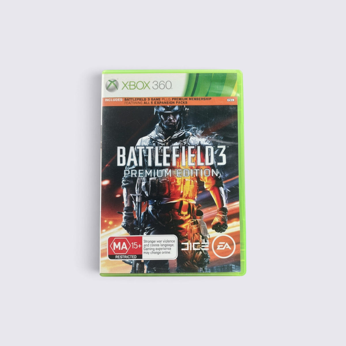 MrPixel Battlefield 3 Premium Edition Xbox 360 game case featuring a modern soldier, battlefield artwork and EA branding