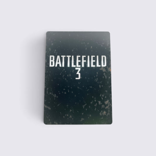 MrPixel Battlefield 3 Steelbook Edition for Xbox 360 featuring a weathered black metal case with white title text