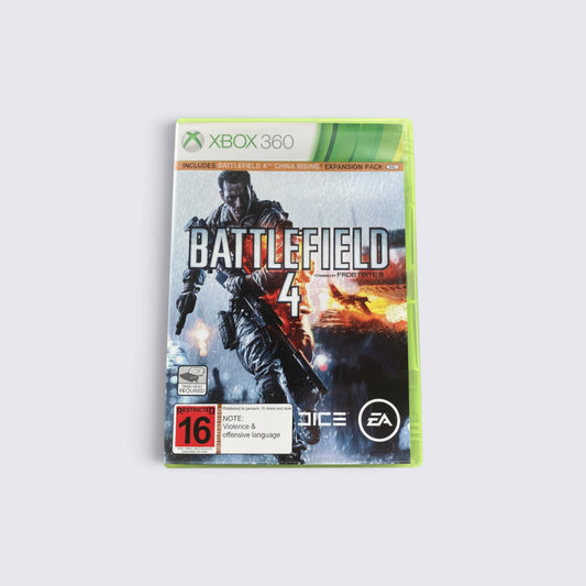 MrPixel Battlefield 4 Xbox 360 game case featuring a soldier in combat with a dramatic explosion background