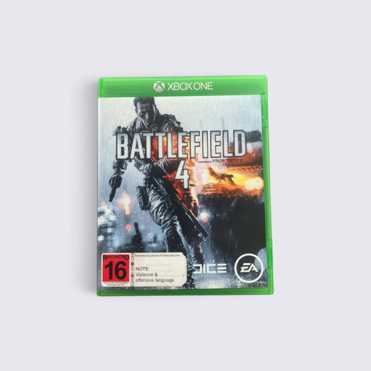 MrPixel Battlefield 4 Xbox One game case featuring a soldier in combat with explosive background and rating label