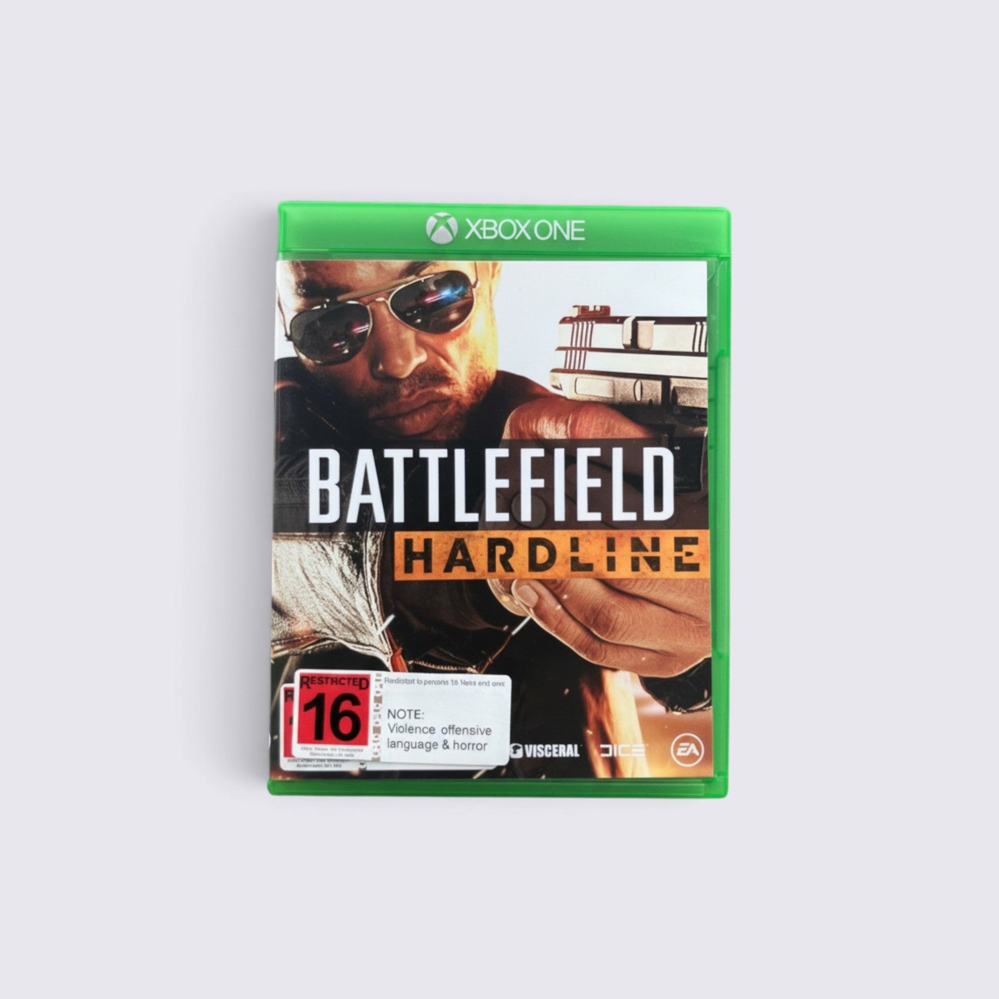 MrPixel Battlefield Hardline Xbox One game case featuring a detective with a handgun in a crime drama style cover art