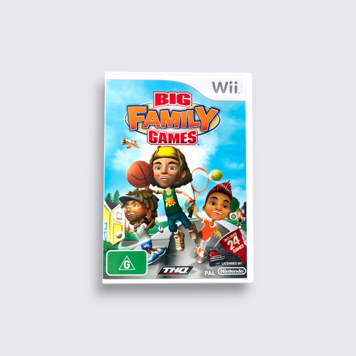 MrPixel Big Family Games for Nintendo Wii featuring cartoon characters playing sports on the game cover art.