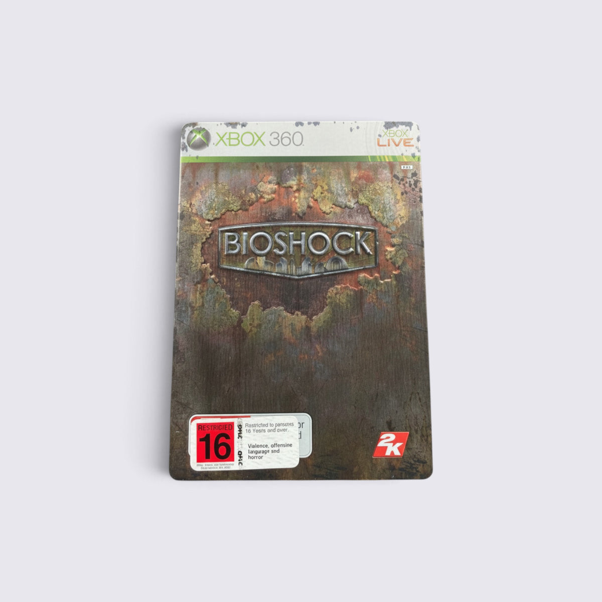 MrPixel BioShock Steelbook Edition for Xbox 360 featuring a weathered, rusted metal case design.