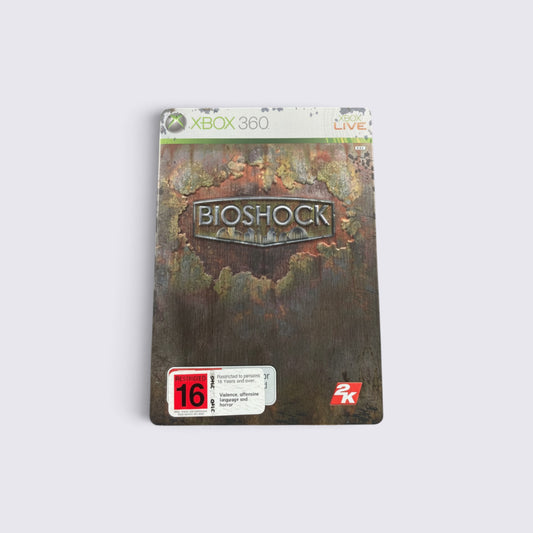 MrPixel BioShock Steelbook Edition for Xbox 360 featuring a weathered, rusted metal case design.