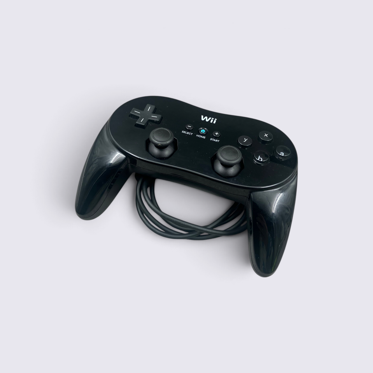 MrPixel black Wii Classic Pro Controller with dual analogue sticks and traditional gamepad layout on white background