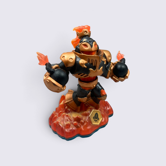 MrPixel Blast Zone Fire-element Skylander figure with black and gold armour standing on a translucent orange base