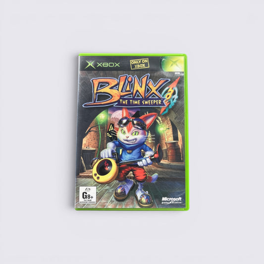 MrPixel Blinx: The Time Sweeper Xbox game case featuring the cat protagonist with his vacuum device.