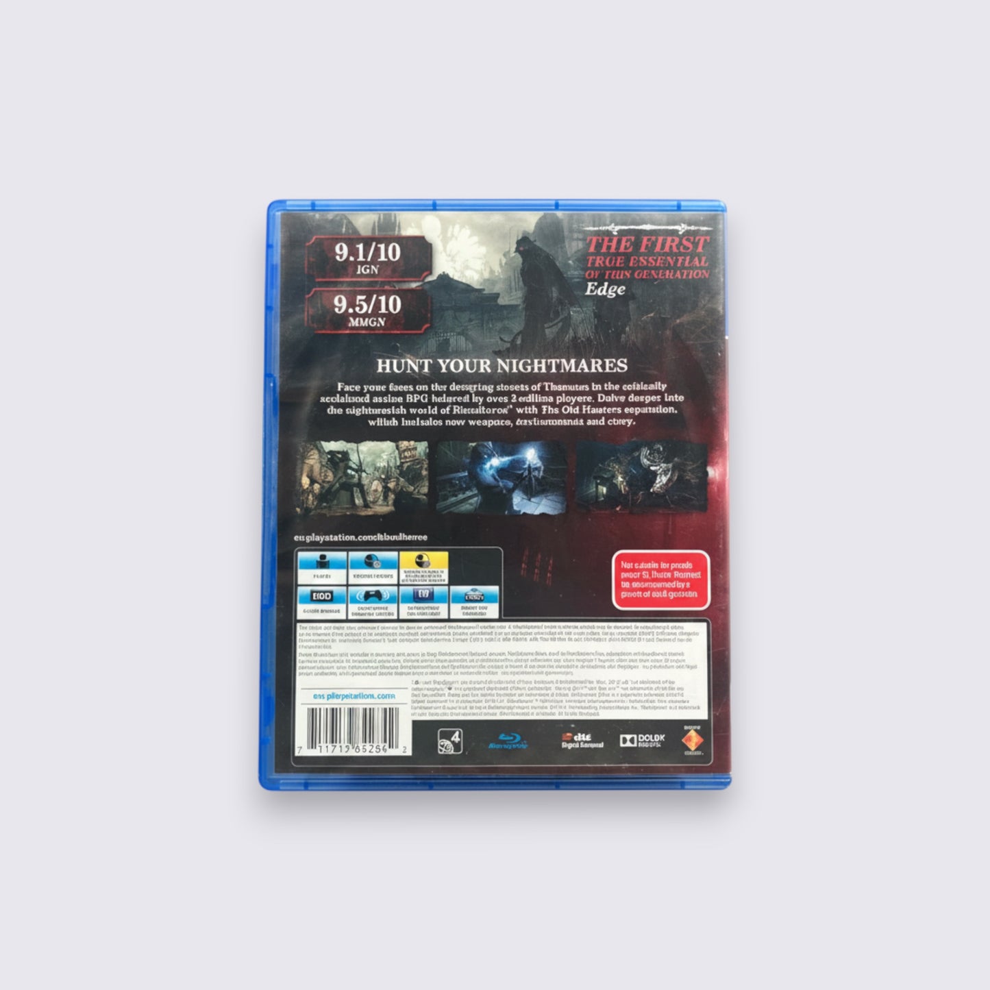 MrPixel Bloodborne Game of the Year Edition PS4 game case back cover with dark gothic horror artwork and game info.