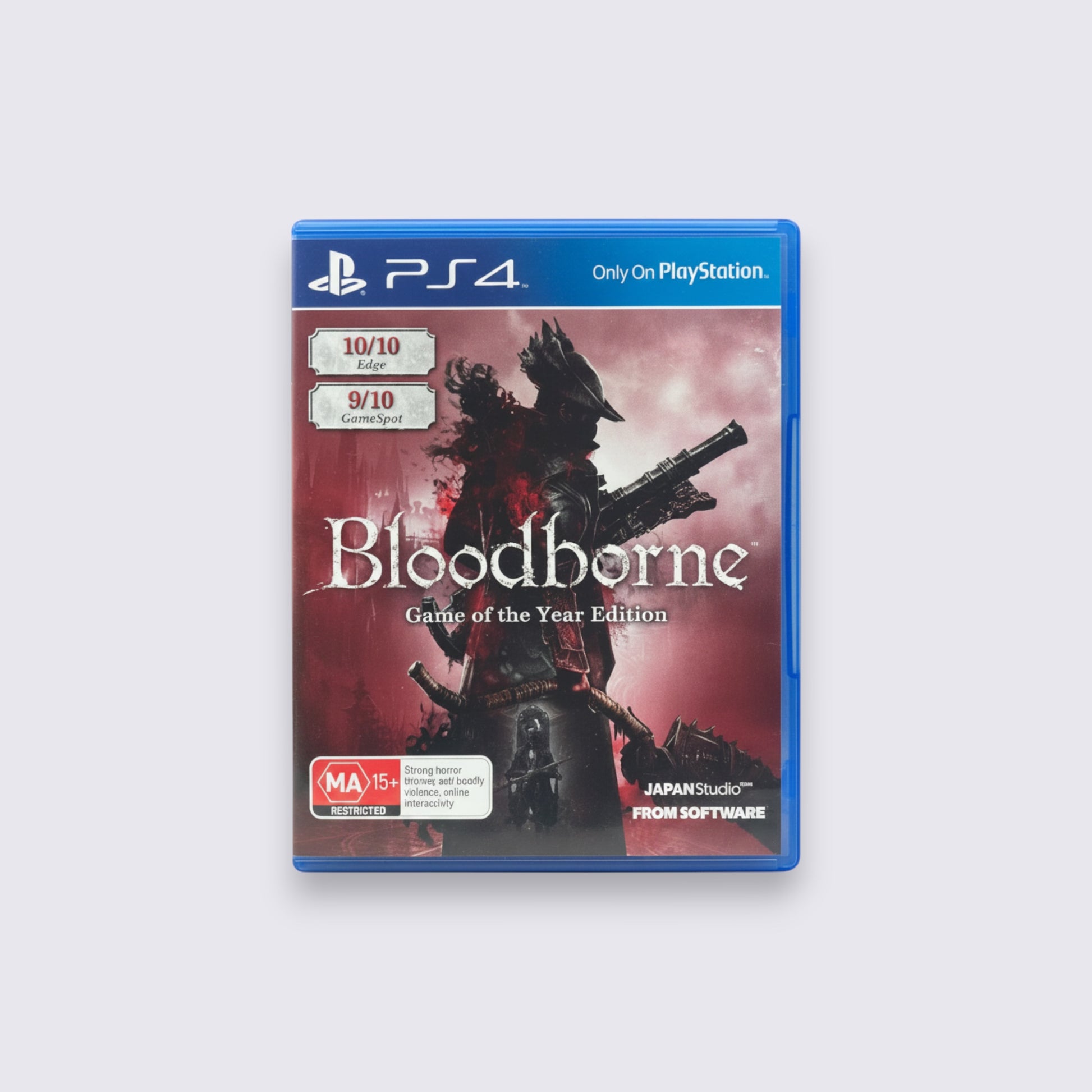 MrPixel Bloodborne Game of the Year Edition for PlayStation 4 featuring a gothic hunter in a dark red setting.