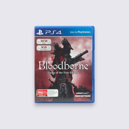 MrPixel Bloodborne Game of the Year Edition for PlayStation 4 featuring a gothic hunter in a dark red setting.