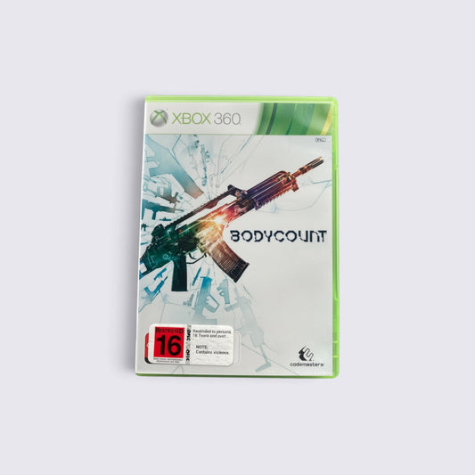 MrPixel Bodycount Xbox 360 game case featuring an assault rifle graphic and 16 plus age rating label