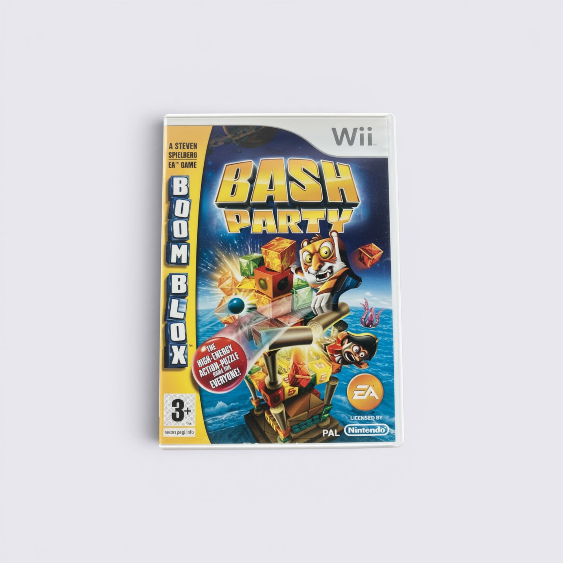 MrPixel Boom Blox Bash Party Wii game case featuring colourful blocks and cartoon characters on a blue background