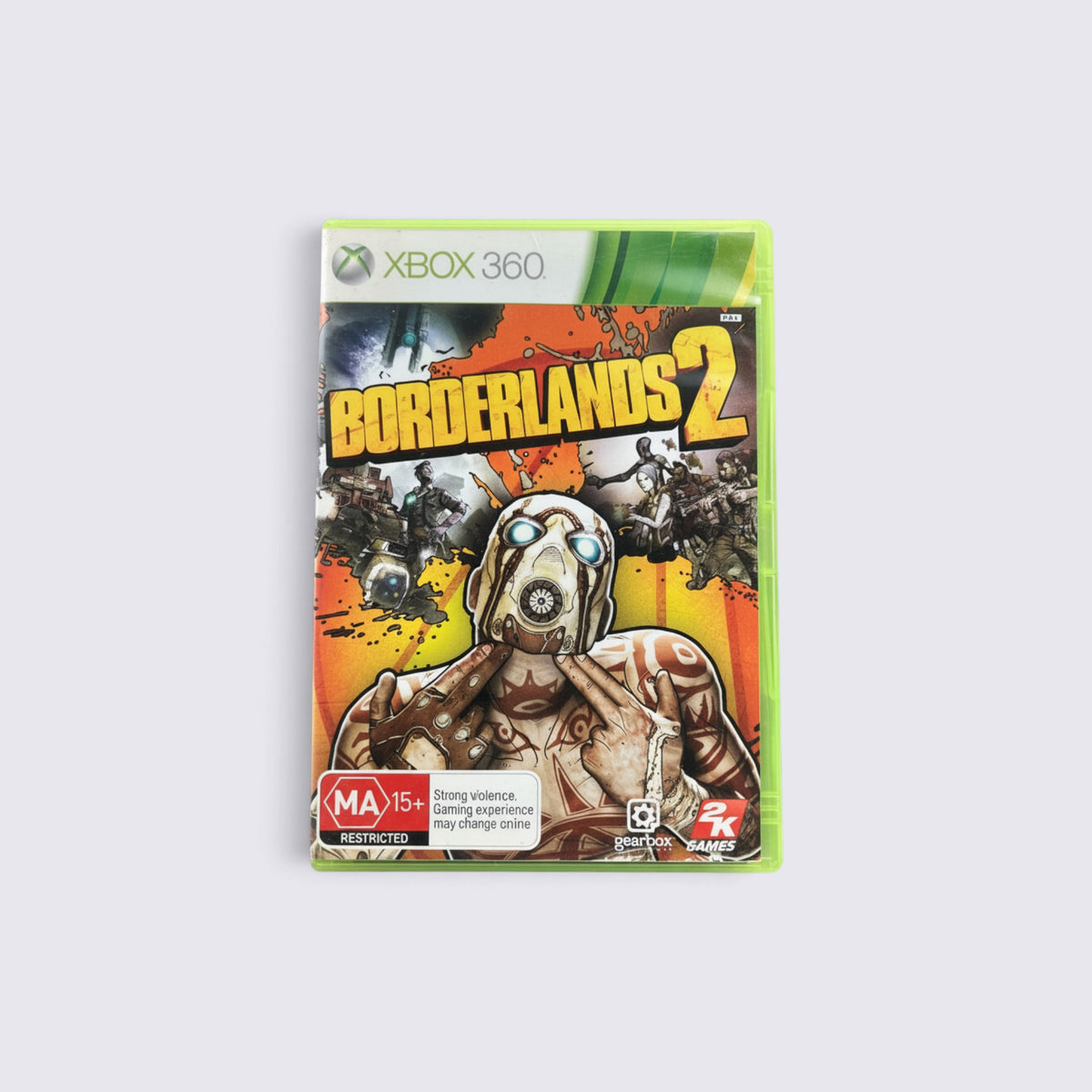 MrPixel Borderlands 2 Xbox 360 game case featuring the iconic Psycho bandit character in cel-shaded art style.