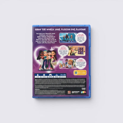 Back cover of MrPixel Bratz: Flaunt Your Fashion video game featuring character art and gameplay screenshots.