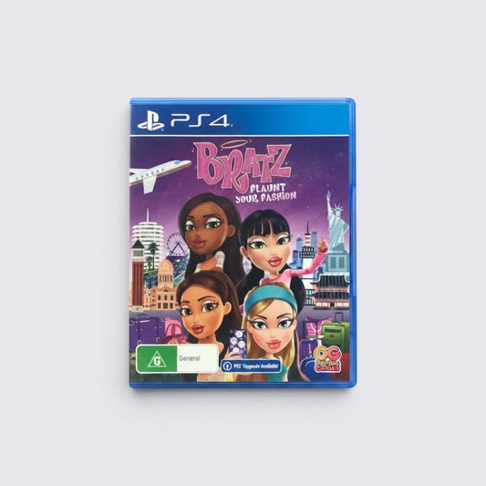 MrPixel Bratz: Flaunt Your Fashion PS4 game case featuring Yasmin, Cloe, Jade, and Sasha against a global city backdrop.