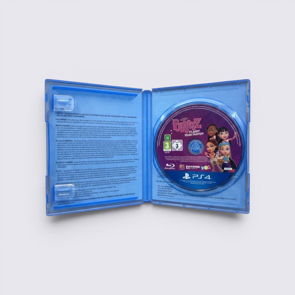 MrPixel Bratz: Flaunt Your Fashion PS4 game disc inside an open blue plastic case featuring the main characters.