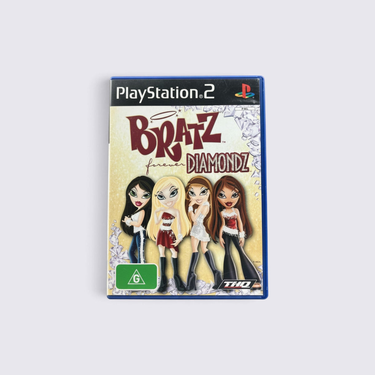 MrPixel Bratz Forever Diamondz PlayStation 2 game case featuring the four main characters in stylish outfits.